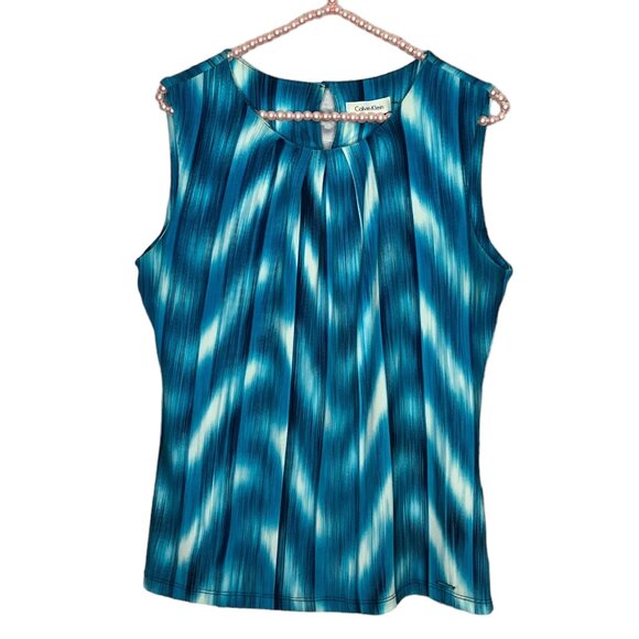 Calvin Klein Small S Turquoise Herringbone Stretch Knit Sleeveless Shell Top‎ - Picture 1 of 4